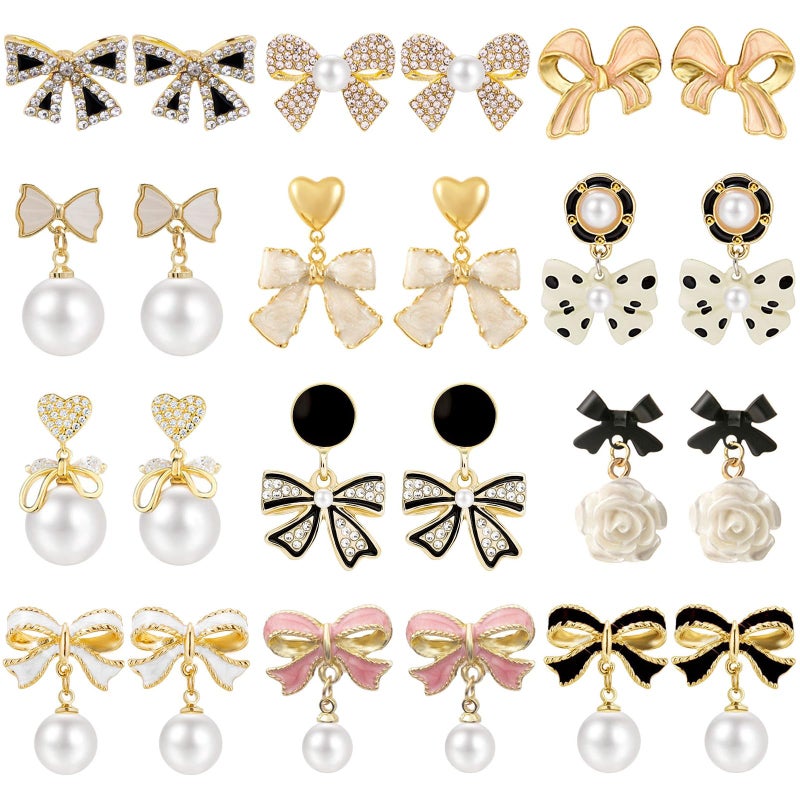 NEWITIN 12 Pairs Bow Earrings for Women Hypoallergenic Earring Gold Bowknot Earrings Ribbon Bow Dangle Earring for Women - Image 1