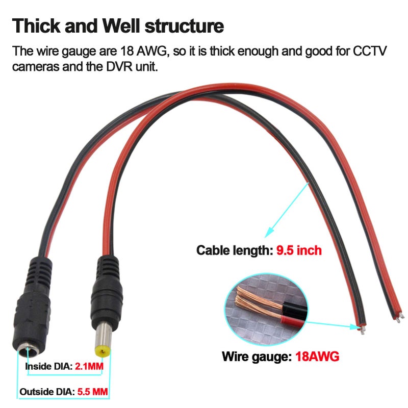 MILAPEAK (Real 18AWG 43x2pcs Strands) 10 Pairs DC Power Pigtail Cable 12V 5A Male & Female + 10 Pairs DC Power Jack Plug Adapter barrel Connector for CCTV Home Security Surveillance by MILAPEAK (2.1mm x 5.5mm) - Image 5