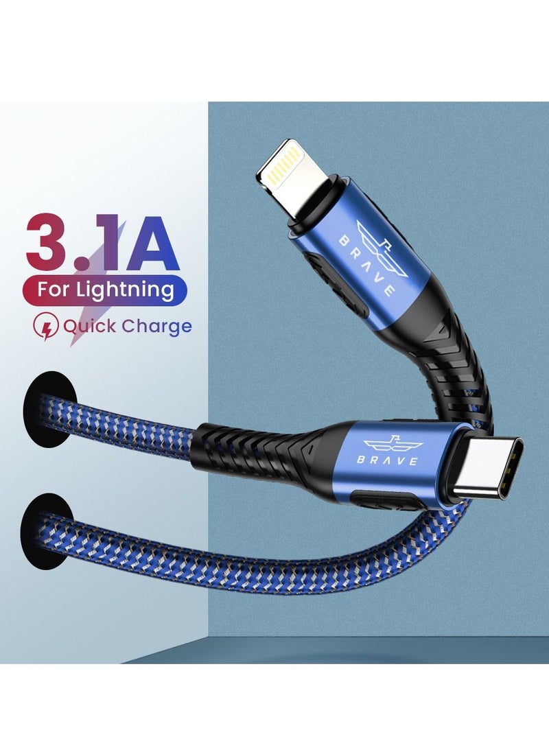 Brave Brave 30w 2 in 1 pack Type-C to Lightning Nylon Braided Data Cable 3.1A Fast Charging for iPhone 14 Pro Max, iPhone 13 12 11 Pro Max Mini XS Plus 1m & 2m (Blue)  - Image 3
