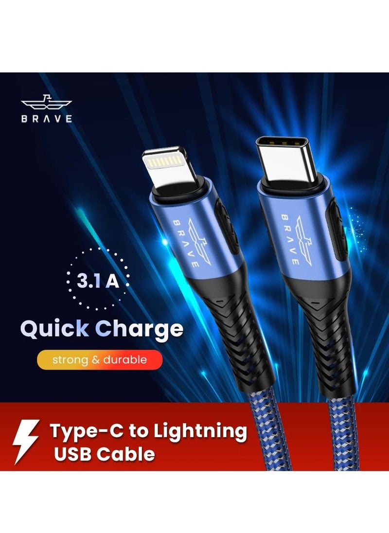Brave Brave 30w 2 in 1 pack Type-C to Lightning Nylon Braided Data Cable 3.1A Fast Charging for iPhone 14 Pro Max, iPhone 13 12 11 Pro Max Mini XS Plus 1m & 2m (Blue)  - Image 2