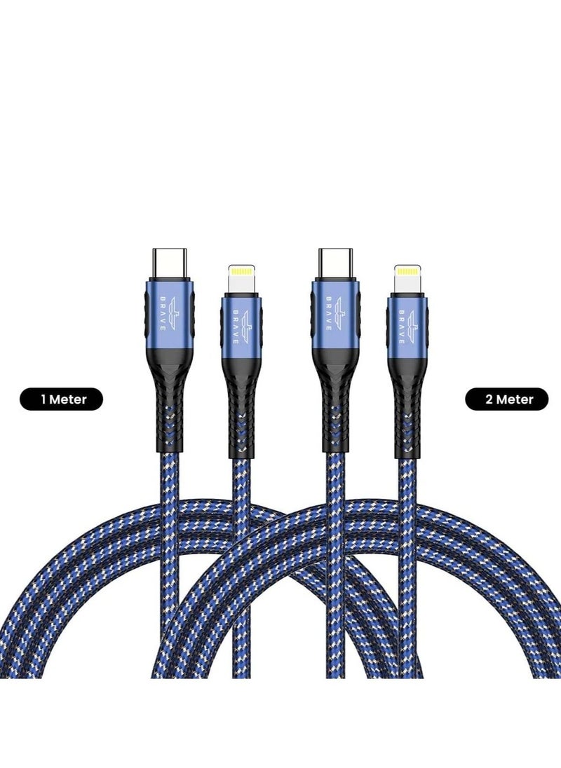 Brave 30w 2 in 1 pack Type-C to Lightning Nylon Braided Data Cable 3.1A Fast Charging for iPhone 14 Pro Max, iPhone 13 12 11 Pro Max Mini XS Plus 1m & 2m (Blue)