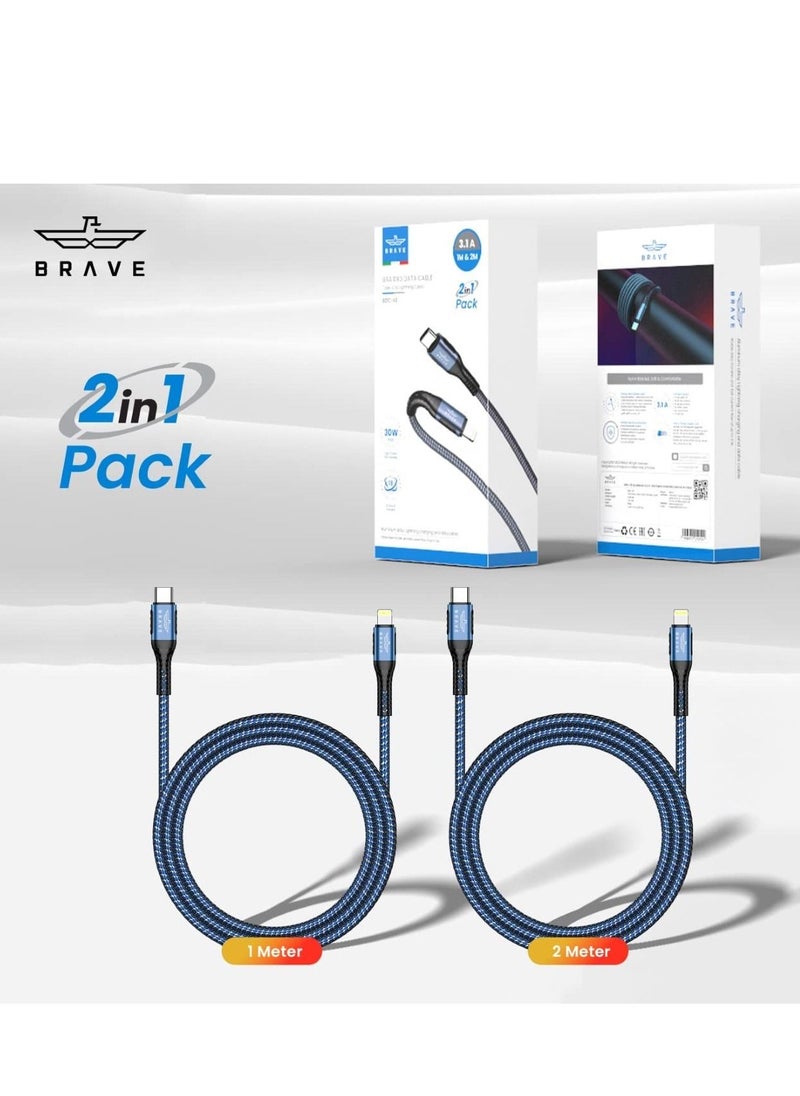 Brave 30w 2 in 1 pack Type-C to Lightning Nylon Braided Data Cable 3.1A Fast Charging for iPhone 14 Pro Max, iPhone 13 12 11 Pro Max Mini XS Plus 1m & 2m (Blue)