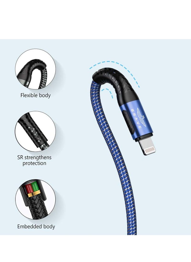 Brave Brave 30w 2 in 1 pack Type-C to Lightning Nylon Braided Data Cable 3.1A Fast Charging for iPhone 14 Pro Max, iPhone 13 12 11 Pro Max Mini XS Plus 1m & 2m (Blue)  - Image 5
