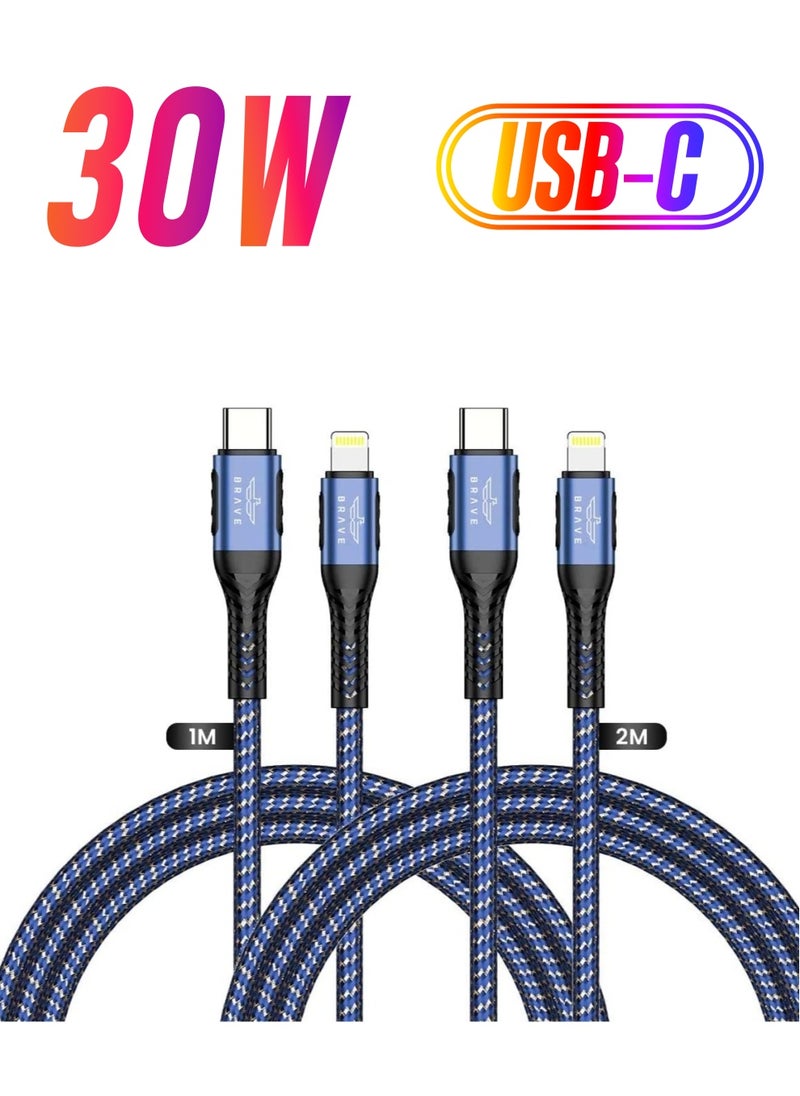 Brave Brave 30w 2 in 1 pack Type-C to Lightning Nylon Braided Data Cable 3.1A Fast Charging for iPhone 14 Pro Max, iPhone 13 12 11 Pro Max Mini XS Plus 1m & 2m (Blue)  - Image 1