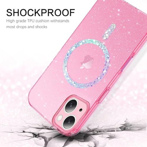 mobistyle Magnetic for iPhone 15 Case, Clear Crystal Glitter iphone15 Phone Case Compatible with Mag-Safe, Shockproof Sparkly Cute Women Girl Cover for iPhone 15, Hot Pink Glitter - Image 3