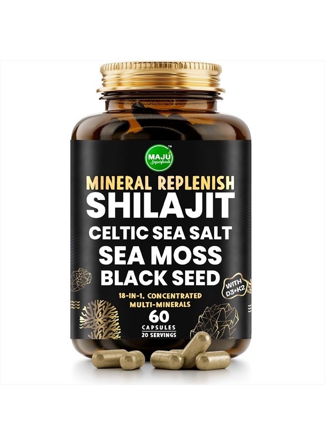 Maju Superfoods MAJU 18-in-1 Shilajit, Black Seed, Sea Moss, Celtic Sea Salt + D3 & K2, Concentrated Extracts, Trace Multi Mineral Capsules, for Men & Women Mineral Electrolytes Supplements  - Image 1