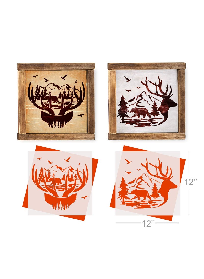 G GSS Designs GSS Designs Mountain Forest Bear Deer Stencil (2 Pack) - Animal Reusable Stencils for Painting on Wood Wall Canvas (12x12Inch) - Tree Birds Stencil for DIY (SL-101)  - Image 2
