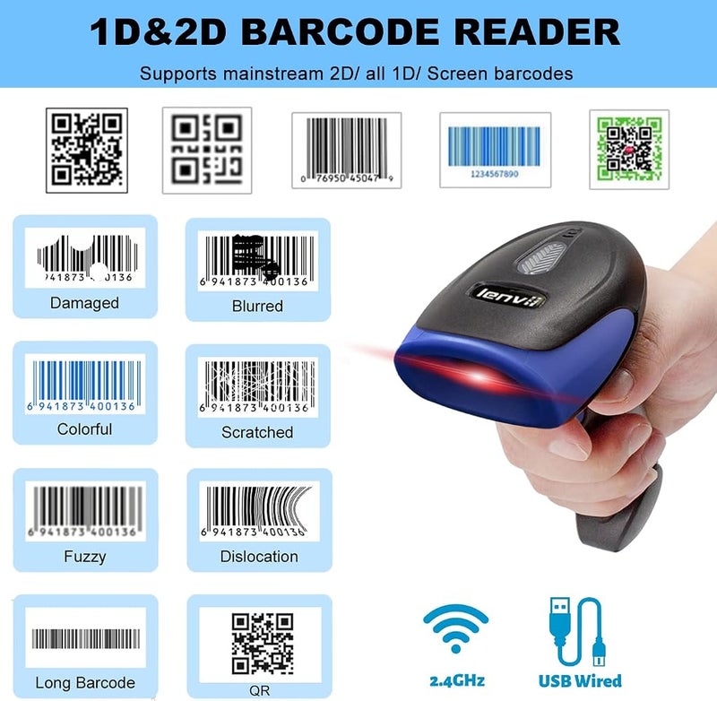 ماسح الباركود اللاسلكي LENVII 2D قارئ الباركود CCD بوضعين لاسلكي 2.4G/سلكي USB ماسح رموز QR 1D/2D دعم لصيغ PDF417/DataMatrix/Maxicode متوافق مع الكمبيوتر/الماك/نقاط البيع/أندرويد - Image 2