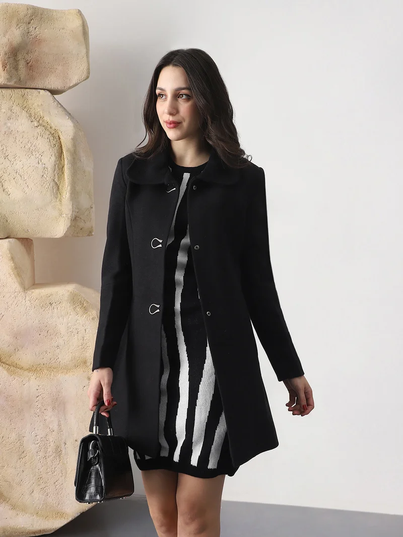 Globus Women Black Self Design Peter Pan Collar Long Sleeve Hip Length Tailored Fit Overcoat