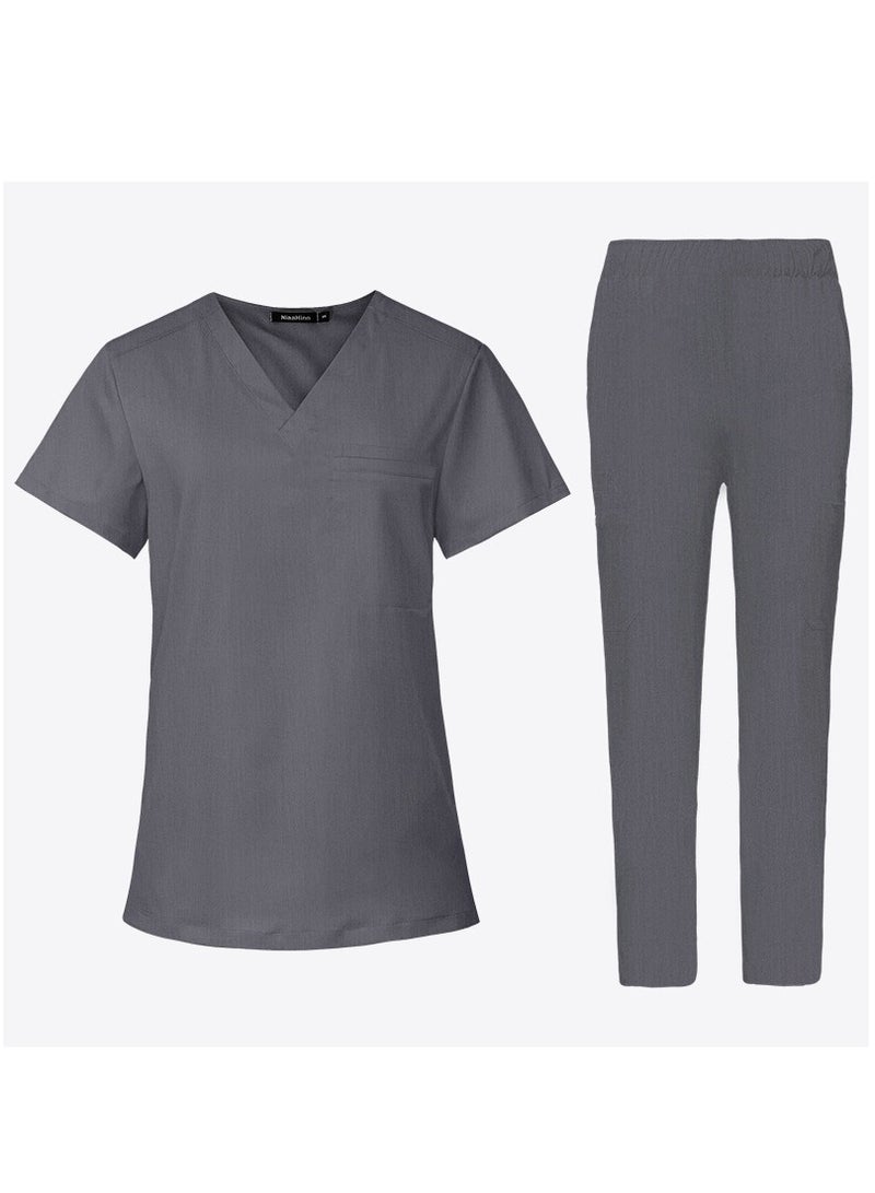 Loquat Medical Uniform Scrubs 2 Piece Set V-Neck Top and Elastic Waist Pants Suit Grey  - Image 1