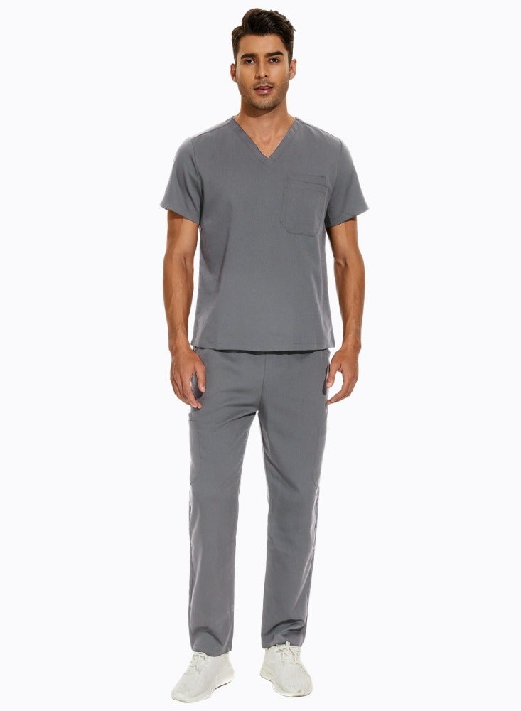 Loquat Medical Uniform Scrubs 2 Piece Set V-Neck Top and Elastic Waist Pants Suit Grey  - Image 2