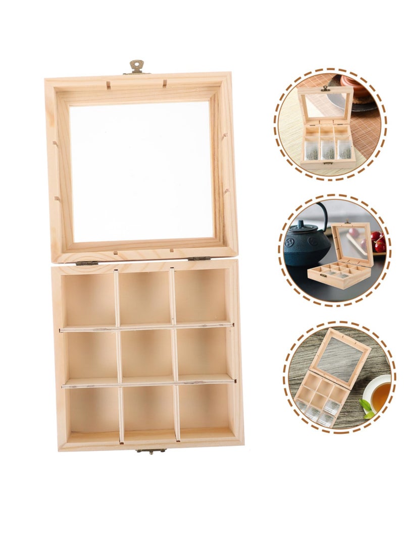 Y&D 9-Slot Mini Wooden Storage Box With Glass Cover Collectibles Display Case Square Wood Organizer Box With Dividers Storage And Organizer Case For Tea Essential Oils Spices And More  - Image 1