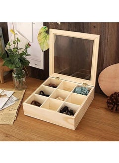 Y&D 9-Slot Mini Wooden Storage Box With Glass Cover Collectibles Display Case Square Wood Organizer Box With Dividers Storage And Organizer Case For Tea Essential Oils Spices And More  - Image 2