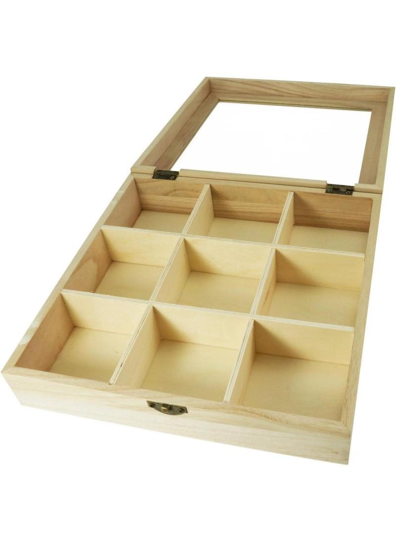 Y&D 9-Slot Mini Wooden Storage Box With Glass Cover Collectibles Display Case Square Wood Organizer Box With Dividers Storage And Organizer Case For Tea Essential Oils Spices And More  - Image 5