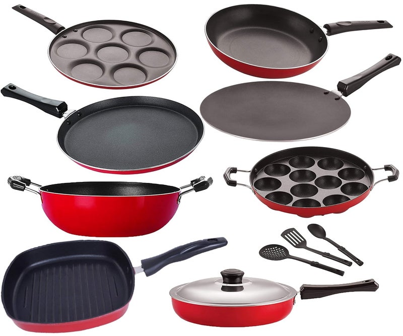 Nirlon Nirlon Non Stick Coated Heat Resistance Pfoa Free Aluminium Cookware Utencil Gift Set of11 Pieces (FT12_CT12_FP12_KD12_TP_AP12_UP7_GP22_3spoon) 