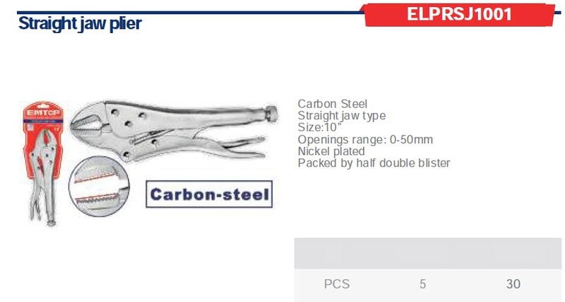 EMTOP MBTstore ELPRSJ1001 Straight Jaw Lock Plier Carbon Steel Straight Jaw Pliers 10 inch 050mm Opening Range Nickel Plated - Image 3