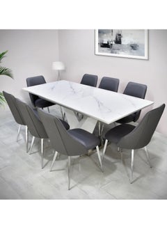VANITY LIVING Dining Table Set 8 Seater - Evora White Extendable With Grey Sienna Chairs 