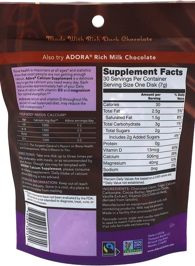 Adora Calcium Supplement Dark Chocolate, 30 ct (Pack of 6) - Image 2