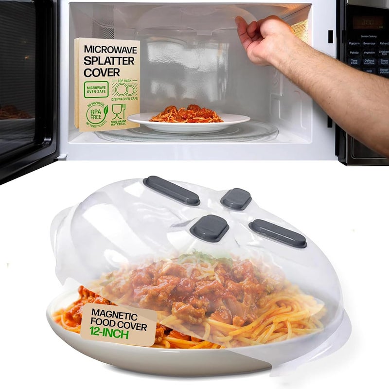 HOVER COVER Magnetic Splatter Cover, 12-Inch Clear BPA-Free Food Lid, Vented Plate Guard with Steam Vents, Anti-Splash Microwave Lid, Dishwasher Safe, Space-Saving Magnetic Storage - Graphite - Image 1