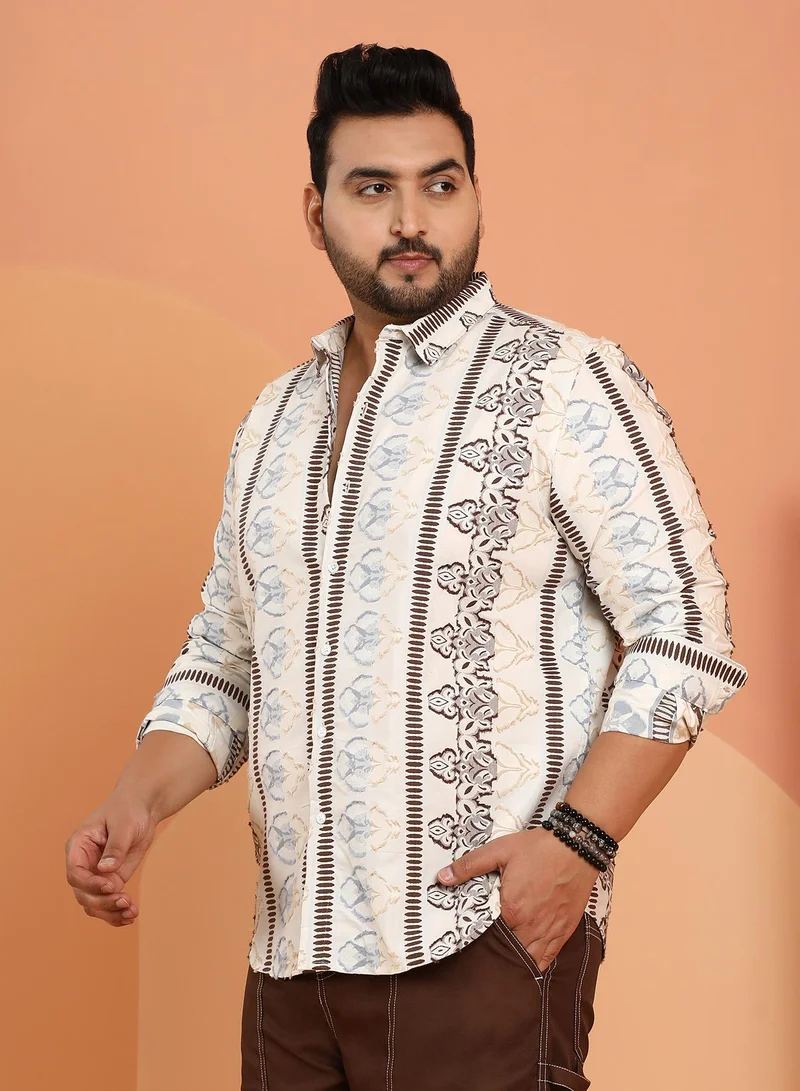 Instafab Plus Instafab Plus Men's Off-White Woven Bloom-Panel Shirt For Casual Wear | Spread Collar | Long Cuffed Sleeves | Button Closure | Plus Size Shirt Crafted With Comfort Fit For Everyday Wear