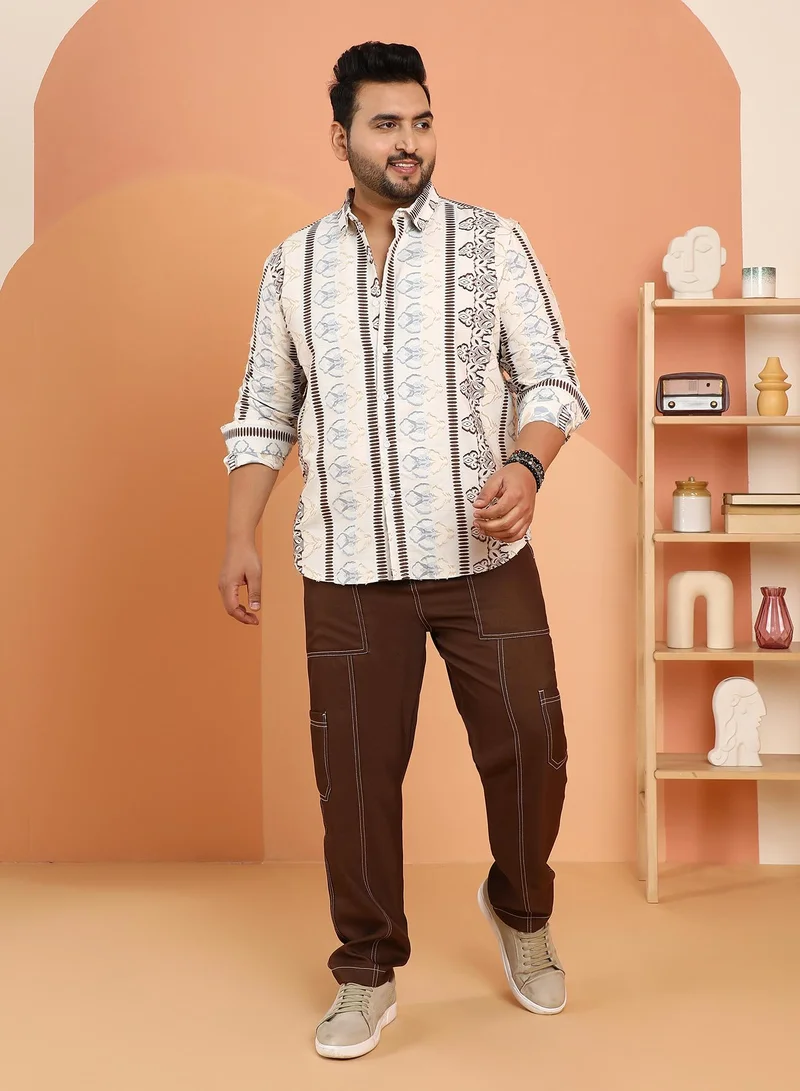 Instafab Plus Instafab Plus Men's Off-White Woven Bloom-Panel Shirt For Casual Wear | Spread Collar | Long Cuffed Sleeves | Button Closure | Plus Size Shirt Crafted With Comfort Fit For Everyday Wear