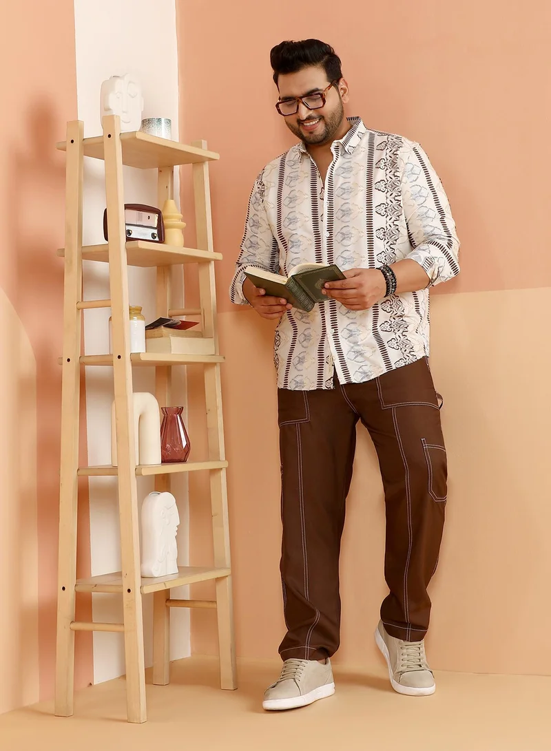 Instafab Plus Instafab Plus Men's Off-White Woven Bloom-Panel Shirt For Casual Wear | Spread Collar | Long Cuffed Sleeves | Button Closure | Plus Size Shirt Crafted With Comfort Fit For Everyday Wear