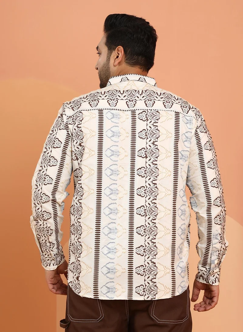 Instafab Plus Instafab Plus Men's Off-White Woven Bloom-Panel Shirt For Casual Wear | Spread Collar | Long Cuffed Sleeves | Button Closure | Plus Size Shirt Crafted With Comfort Fit For Everyday Wear