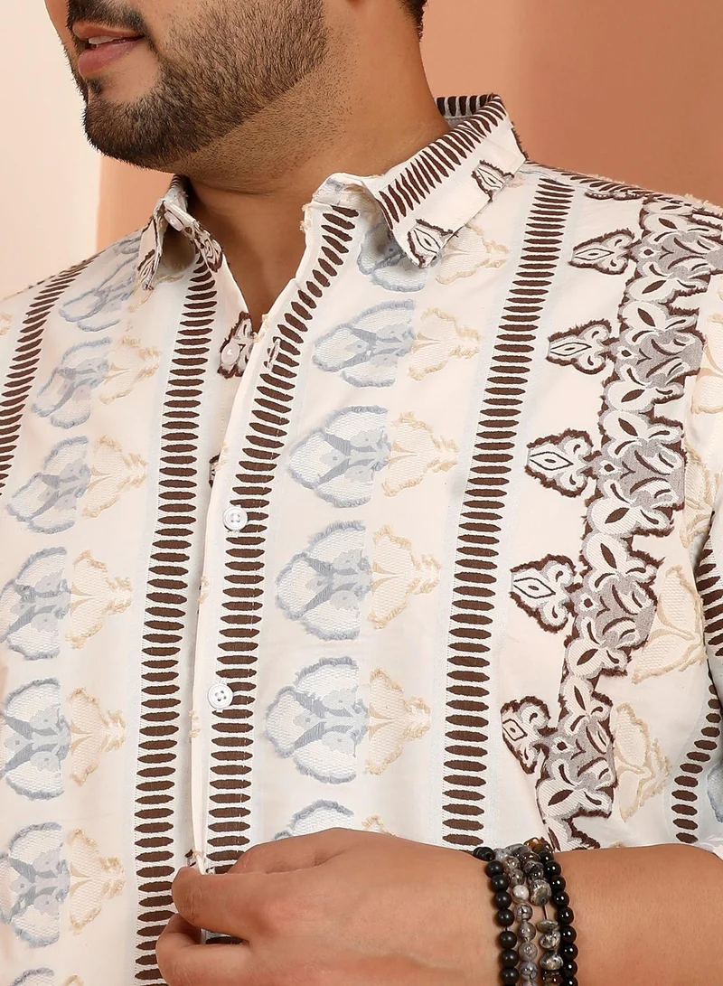 Instafab Plus Instafab Plus Men's Off-White Woven Bloom-Panel Shirt For Casual Wear | Spread Collar | Long Cuffed Sleeves | Button Closure | Plus Size Shirt Crafted With Comfort Fit For Everyday Wear