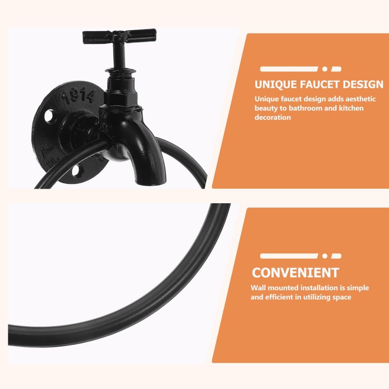 Industrial Pipe Hand Towel Holder Wall Mounted Black Metal Towel Ring For Bathroom Kitchen Rack - Image 4