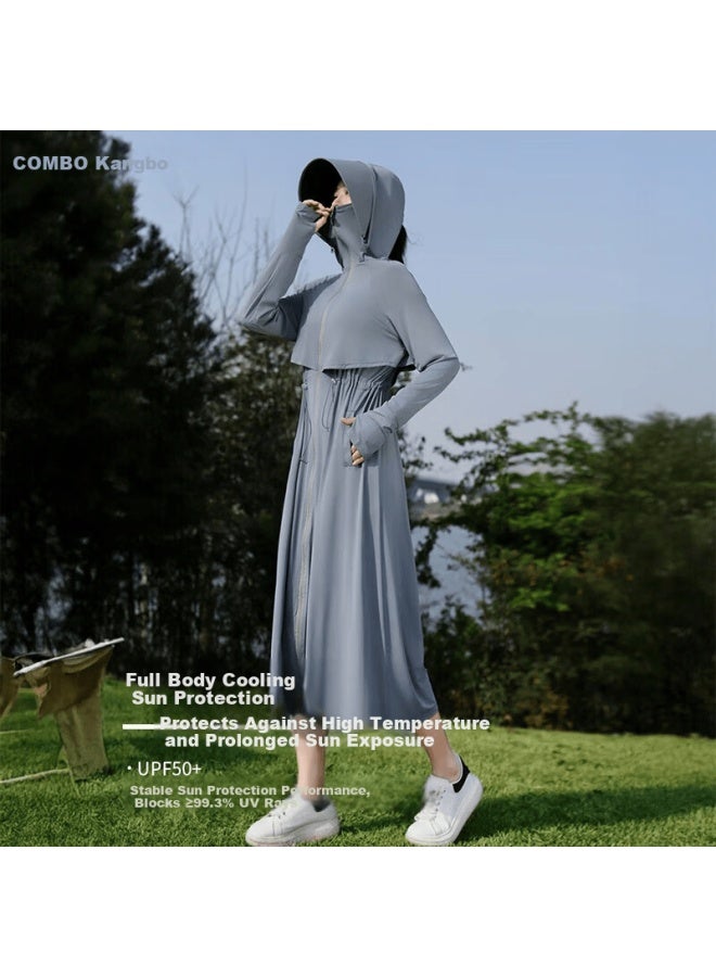 Combo Women's Summer Waist-cinched Full-length Cycling Ice Silk Sunscreen Dress Uv Protection Outdoor Driving Windbreaker - Image 1