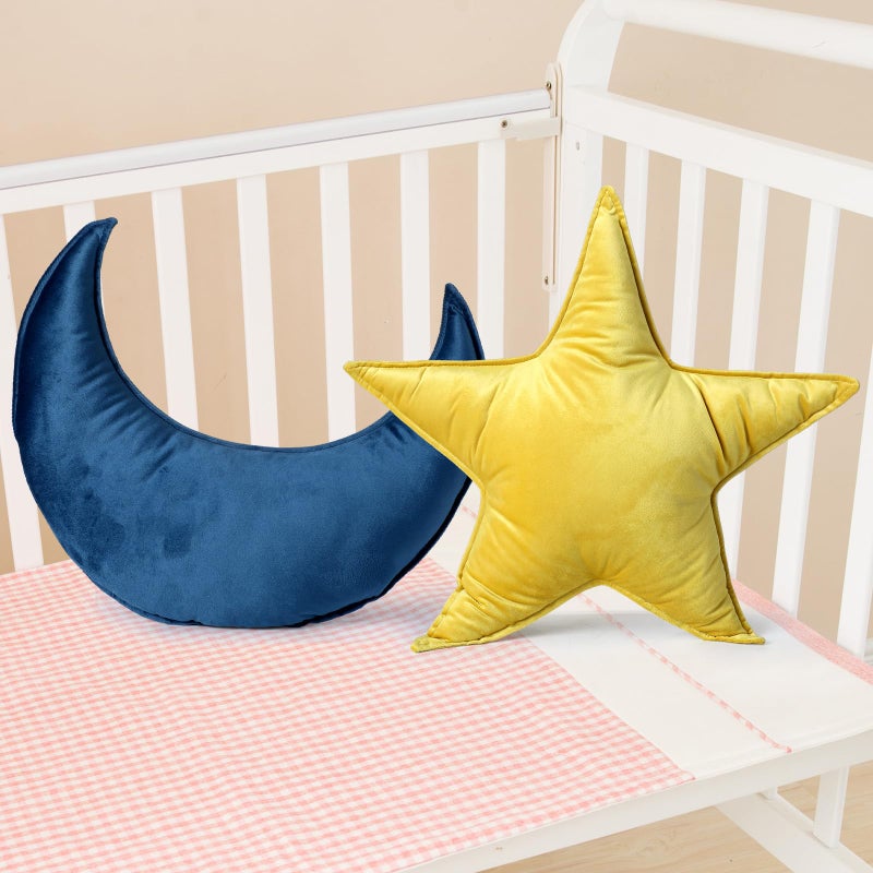 Beeveer 2 Pcs Star Moon Shaped Pillow Soft Velvet Nursery Star Plush Moon Shaped Pillow Creative Nursery Decor for Baby Kids Room Birthday Baby Shower Decor