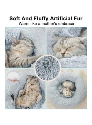 Soft Plush Round Cat Bed, Small Machine Washable Donut Kitten Beds, Waterproof & Slip Resistant Bottom, Fluffy Self Warming Pet Bed for Indoor Cats - view 2