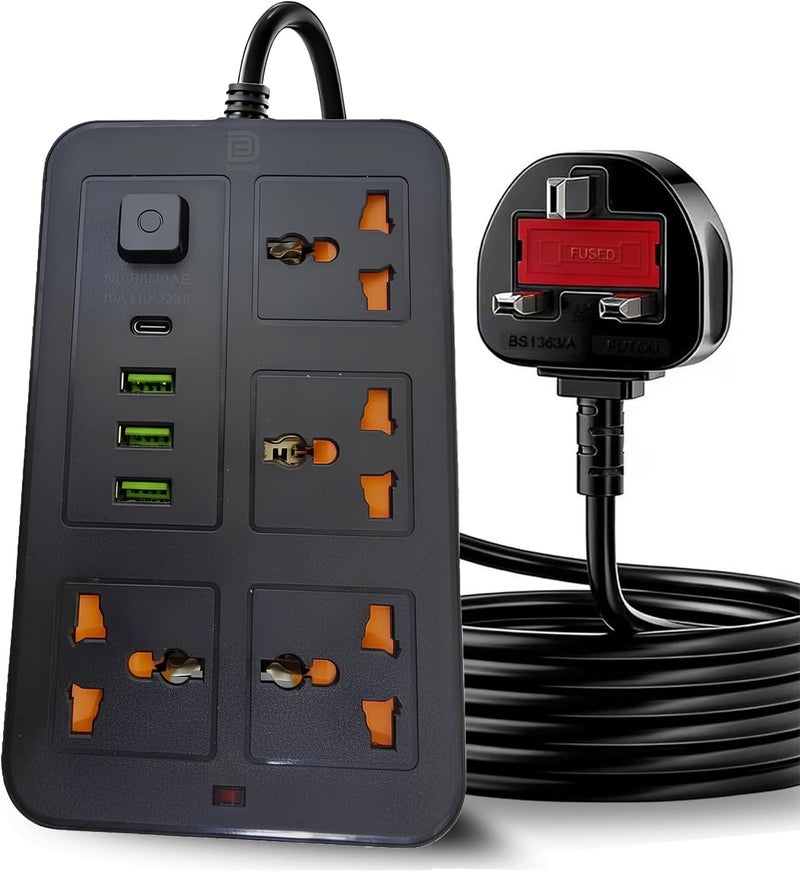 DANEEN 5-Way Universal Power Extension cord Socket | 5M 3 Core Cable, Individual Switches, 10A Fused UK 3 PIN Plug,2500W capacity| White Surge Earthing capable Outlet Strip - Image 1