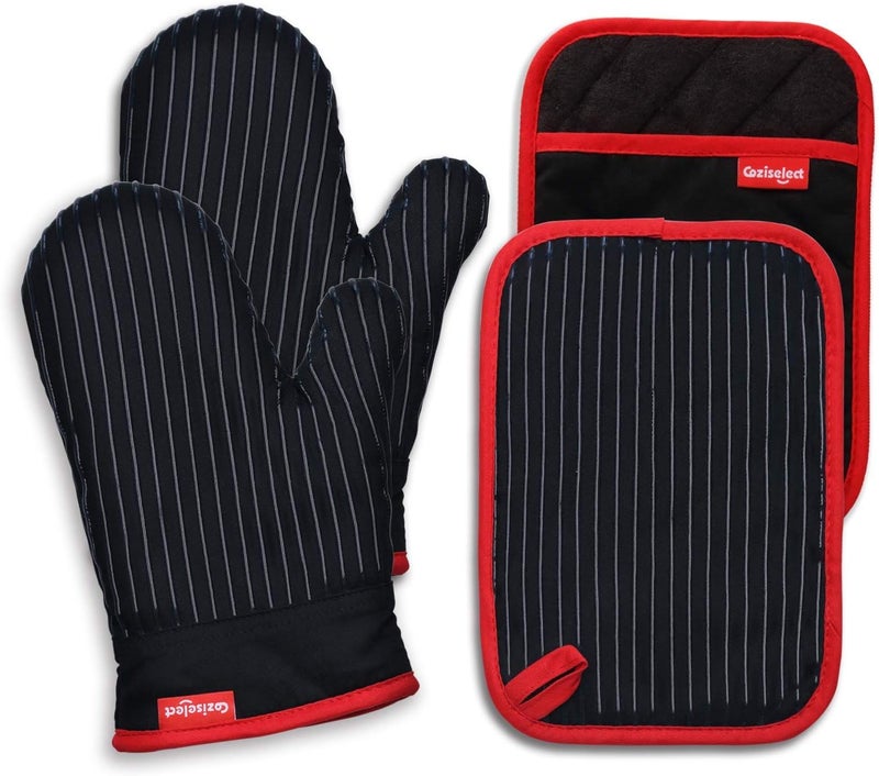Coziselect Oven Mitts and Pot Holders Set, Cooking Mitts, Heat Resistant Cooking Mitts and Pot Holders, Silicon Oven Gloves Set for Kitchen, Pure Cotton and Terrycloth Lining, Black, 4 Pcs Set - Image 1