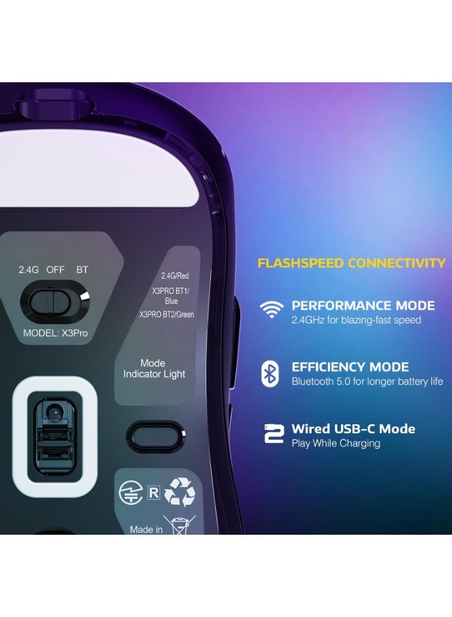 هجوم القرش ماوس ألعاب لاسلكي خفيف الوزن X3PRO بدقة 4K/8K مع وضع ثلاثي (سلكي/2.4 جيجاهرتز/بلوتوث)، مستشعر بصري PAW3395، دقة 26 ألف نقطة في البوصة، مفتاح Kailh GM8.0، بطارية طويلة، 7 أزرار لأجهزة الكمبيوتر الشخصية/اللاب توب/ويندوز/ماك - أسود - Image 5