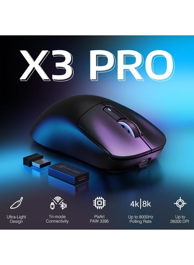 هجوم القرش ماوس ألعاب لاسلكي خفيف الوزن X3PRO بدقة 4K/8K مع وضع ثلاثي (سلكي/2.4 جيجاهرتز/بلوتوث)، مستشعر بصري PAW3395، دقة 26 ألف نقطة في البوصة، مفتاح Kailh GM8.0، بطارية طويلة، 7 أزرار لأجهزة الكمبيوتر الشخصية/اللاب توب/ويندوز/ماك - أسود - Image 2