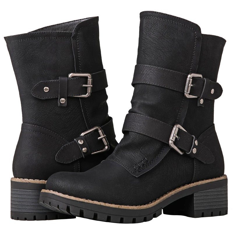 GLOBALWIN Lace up Mid Calf Motorcycle Fashion Festival Boots Combat Riding Military Boots for Women Black Size 10 - Image 2