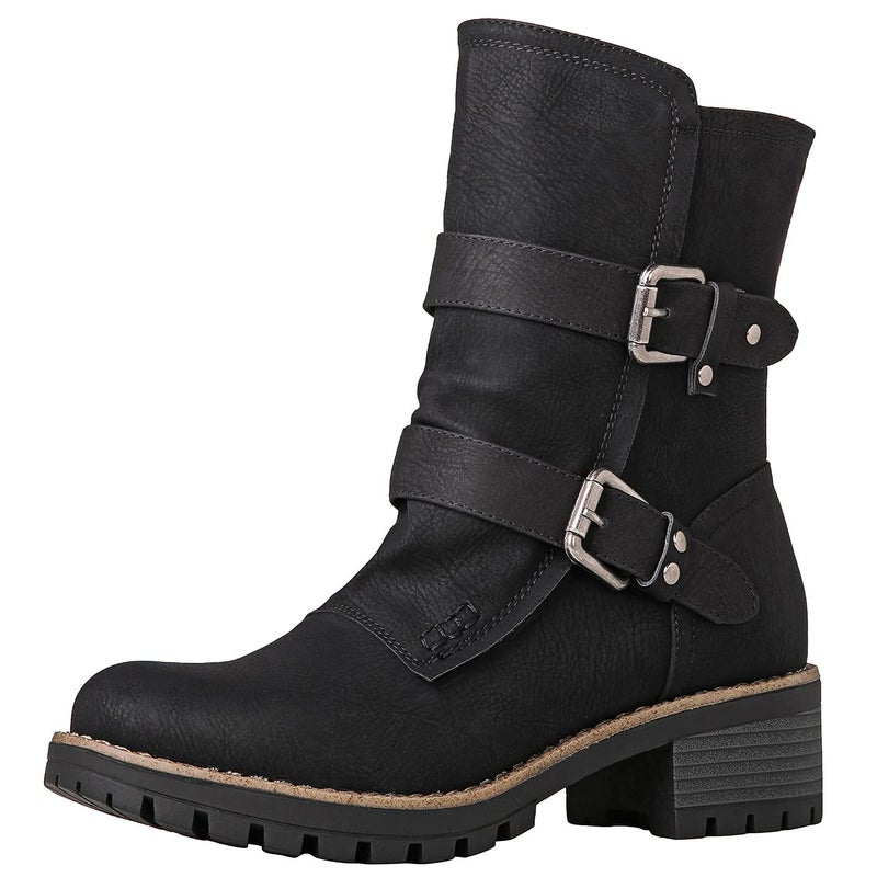 GLOBALWIN Lace up Mid Calf Motorcycle Fashion Festival Boots Combat Riding Military Boots for Women Black Size 10 - Image 1