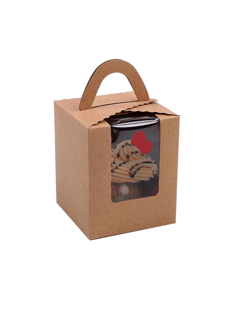 QMET 50 Pcs Kraft Paper Cupcakes BoxesPortable Single Individual Cupcake Gift Boxes with Window Inserts Handle for Wedding Candy Boxes Kraft 