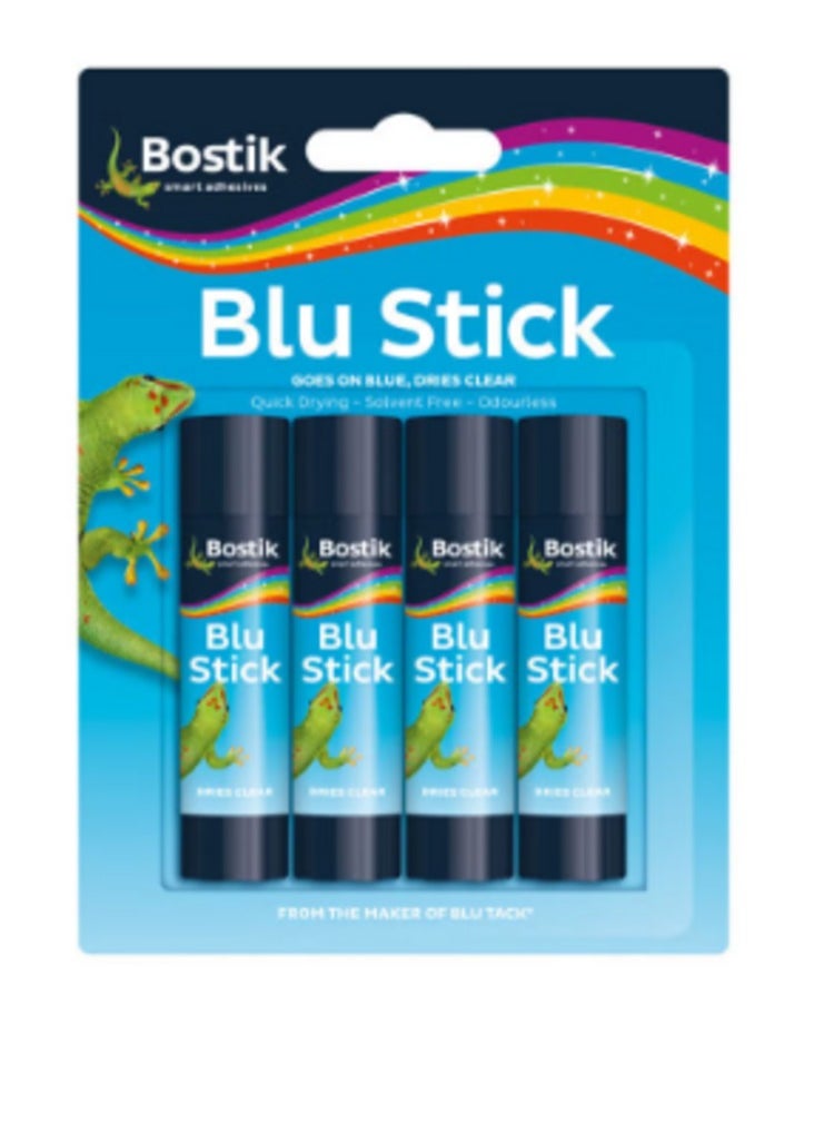Bostik Bostik Blu Stick Glue Sticks, Goes on Blue, Dries Clear, Solvent Free, Washable, 4 x 8g sticks (Pack of 12)  - Image 1