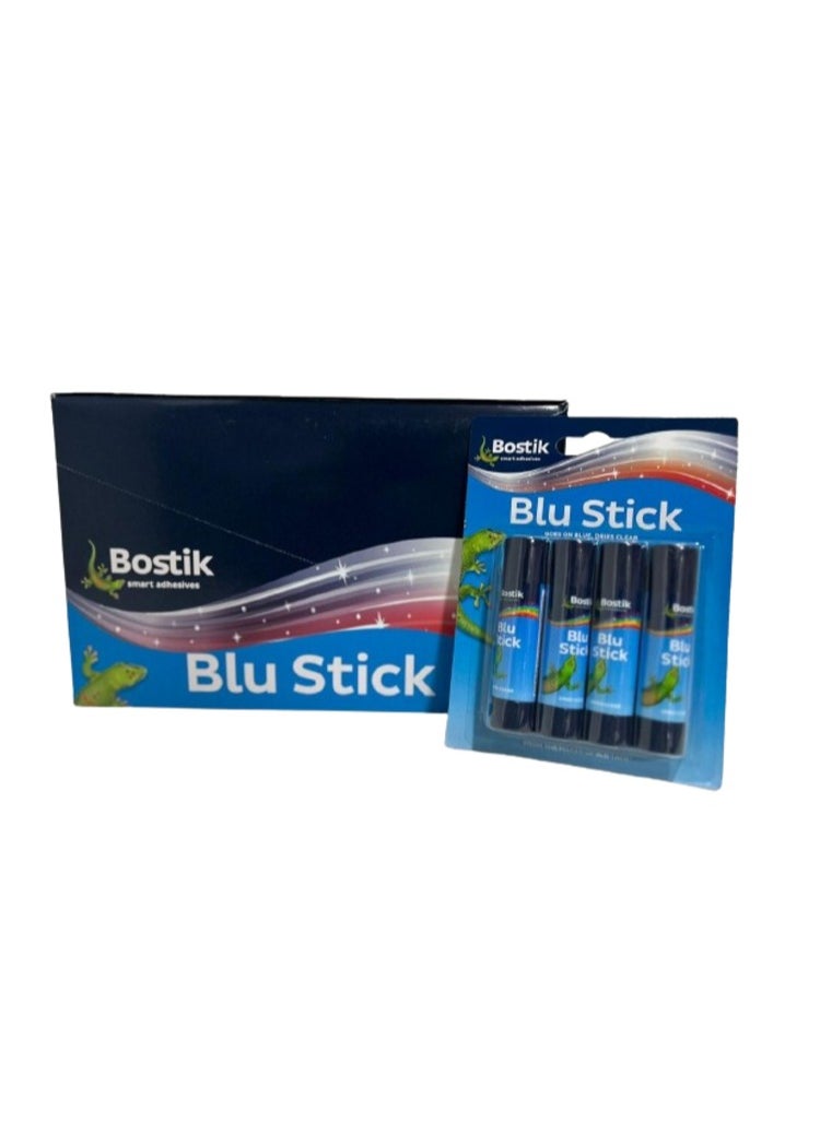 Bostik Blu Stick Glue Sticks, Goes on Blue, Dries Clear, Solvent Free, Washable, 4 x 8g sticks (Pack of 12)