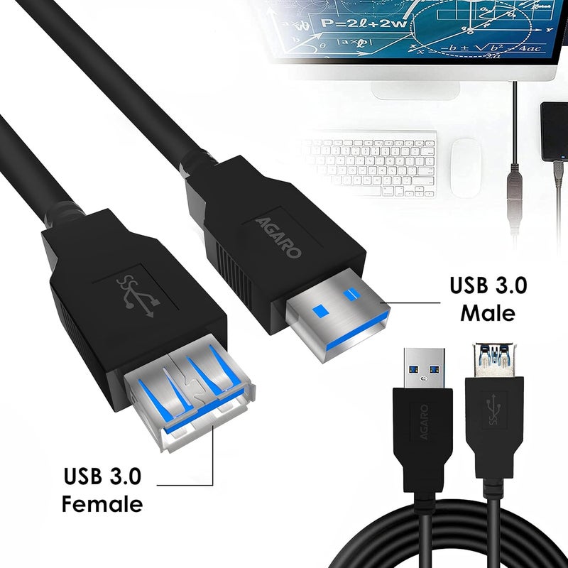 AGARO موسع USB، كابل تمديد USB 3.0 ذكر إلى أنثى كابل USB عالي السرعة 5 جيجابت في الثانية نقل البيانات متوافق مع كاميرا الويب، جهاز التحكم، لوحة المفاتيح، الفأرة، القرص الصلب، إكس بوكس، لابتوب/كمبيوتر شخصي/ماك/طابعة، 1 متر - Image 2