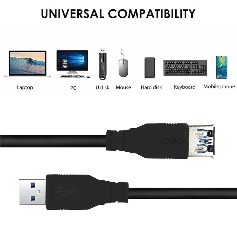 AGARO موسع USB، كابل تمديد USB 3.0 ذكر إلى أنثى كابل USB عالي السرعة 5 جيجابت في الثانية نقل البيانات متوافق مع كاميرا الويب، جهاز التحكم، لوحة المفاتيح، الفأرة، القرص الصلب، إكس بوكس، لابتوب/كمبيوتر شخصي/ماك/طابعة، 1 متر - Image 3