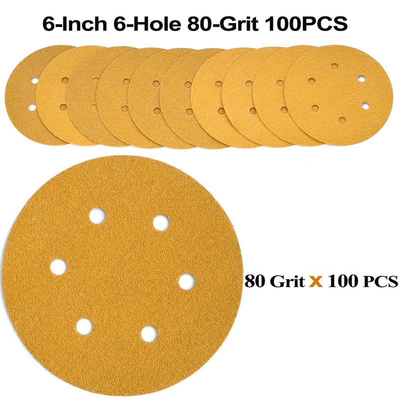 Aiyard 6-Inch 6-Hole Hook and Loop Sanding Discs 80-Grit, Random Orbital Sandpaper for Automotive and Woodworking, 100-Pack - Image 2