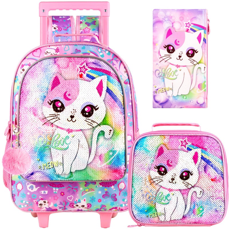 KLFVB Rolling Backpack for Girls Kids Sequins Roller School Bag with Lunch Bag Sequins Wheeled Bookbag for Children Pink Cat - Image 2