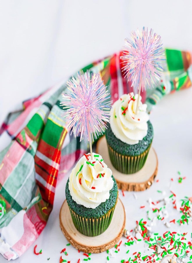 Ephlyn 30Pcs Foil Firework Cupcake Toppers Happy Birthday Cake Toppers Tinsel Flower Drink Stirrers Cocktail Food Fruit Toothpicks for Valentine's Day Party Decorations Pink - Image 4