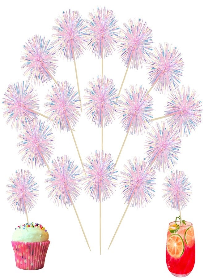 Ephlyn 30Pcs Foil Firework Cupcake Toppers Happy Birthday Cake Toppers Tinsel Flower Drink Stirrers Cocktail Food Fruit Toothpicks for Valentine's Day Party Decorations Pink - Image 1