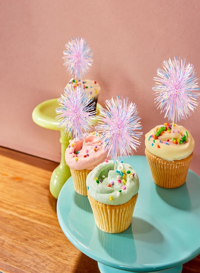 Ephlyn 30Pcs Foil Firework Cupcake Toppers Happy Birthday Cake Toppers Tinsel Flower Drink Stirrers Cocktail Food Fruit Toothpicks for Valentine's Day Party Decorations Pink - Image 5