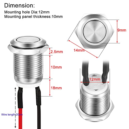 Gebildet 10pcs 12mm 2A 12V/24V/125V/250V AC Prewired Waterproof Push Button Momentary Stainless Steel Push Button On Off (Flat Head) - Image 2