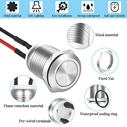 Gebildet 10pcs 12mm 2A 12V/24V/125V/250V AC Prewired Waterproof Push Button Momentary Stainless Steel Push Button On Off (Flat Head) - Image 3